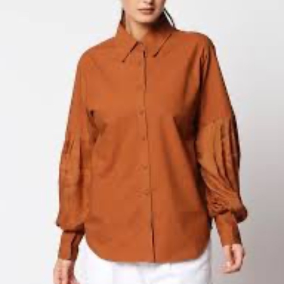 En thread Button down Lagenlook Linen Lyocell Puffy sleeve Pockets Cinnamon S - Picture 1 of 13